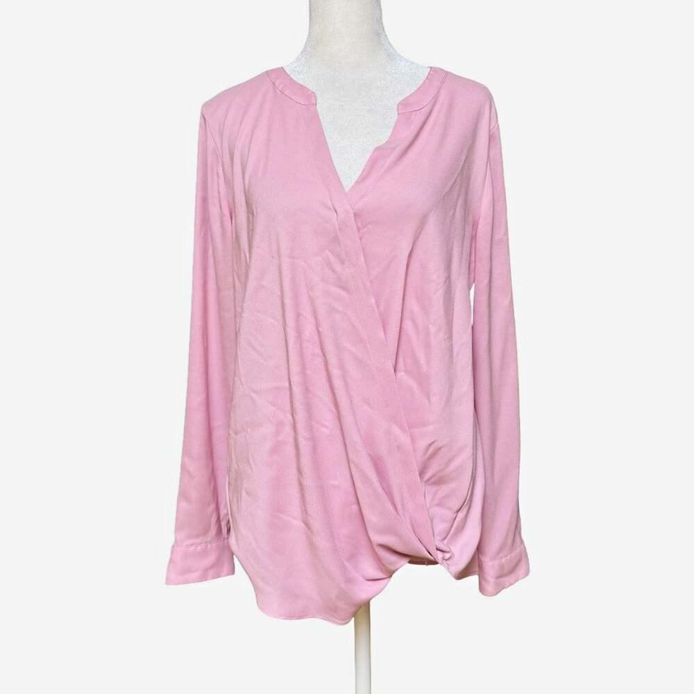 Ann Taylor Pink Satin Polyester V-Neck Twist Front Long Sleeve Blouse M
